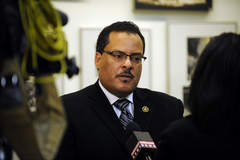 35th ward alderman Rey Colon (glasses) and 12th ward alderman George Cardenas of the City Council Latino Caucus hold a press conference to discuss further plans for city ward map redistricting in City Hall on Thursday, November 10, 2011 in Chicago. (Richard A. Chapman, Sun-Times)