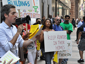 Residents voice their displeasure about apartment renters being evicted from Chicago buildings after banks became the owners following foreclosures. Photo courtesy of Logan Square Neighborhood Association