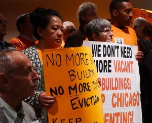 Albany Park Neighborhood Council members gathered Tuesday to publicize the Keep Chicago Renting ordinance, passed in June by the Chicago City Council. (WBEZ/Chip Mitchell)