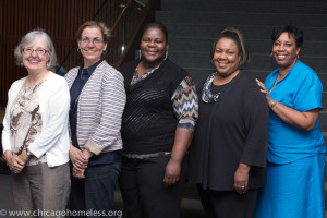 From left, Director and Associate Director of the CCH Law Project, Rene Heybach and Patricia Nix-Hodes, Law Project client Marilyn Escoe, with Sharlita Davis and Lela Cetoute