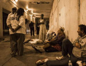 The Chicago Department of Family and Support Services and an outreach group came to talk with the homeless underneath North Lake Shore Drive on West Wilson Avenue on Monday night. | Alex Wroblewski / Sun-Times