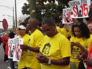 Anita (front) tweeting photos during a Fight for 15 strike on the South Side in September