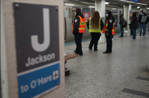 Unarmed CTA security guards on the Jackson Blue Line platform. Photo: John Greenfield