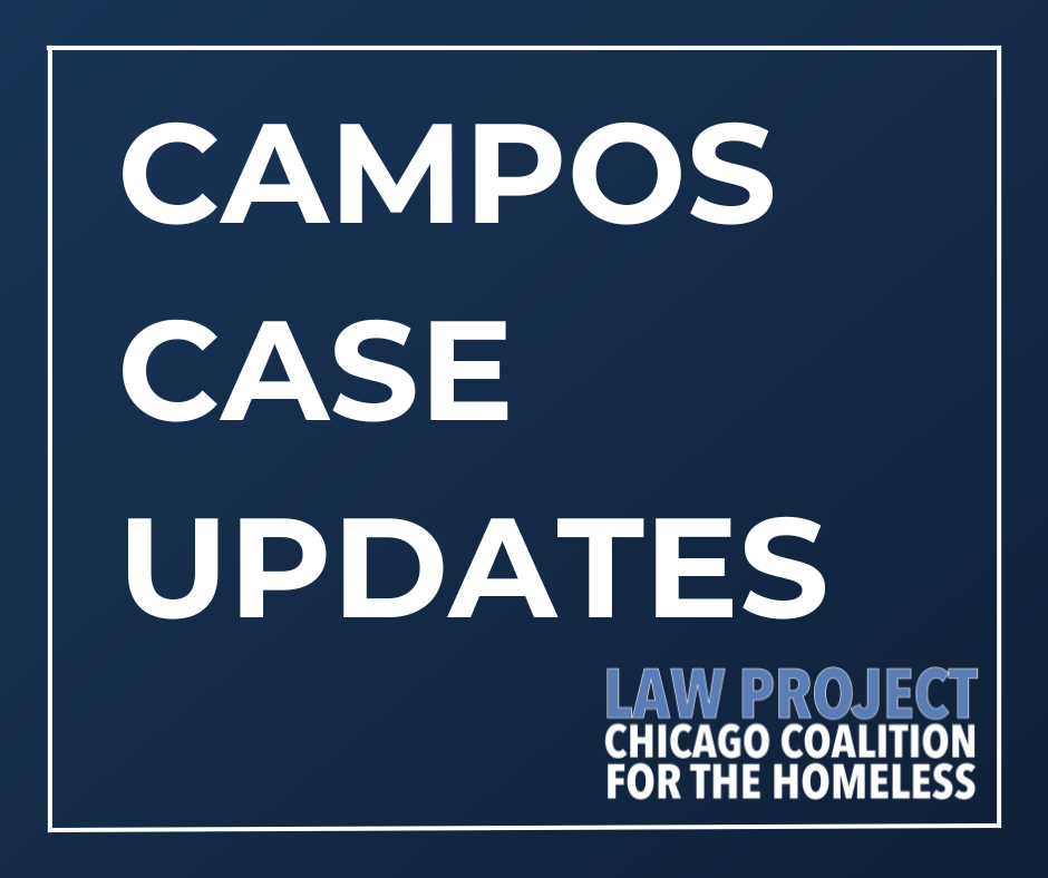 In white text reads "Campos Case Updates" on a dark blue background, on the bottom right corner is the CCH Law Project Logo