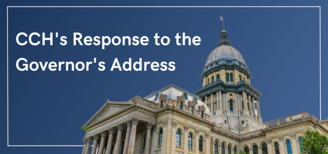 Illinois state building sits on a dark blue background with white text above it that reads "CCH's Response to the Governor's Budget Address