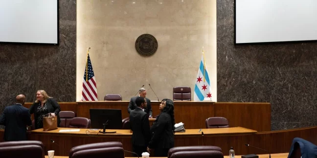 The Chicago City Council chambers are shown, including a large desk and two smaller tables. Some alderpeople gather in the foreground.