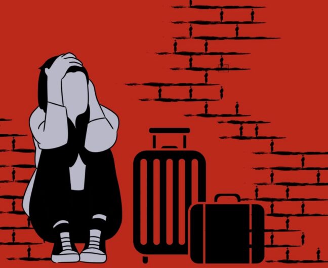 A cartoon girl sits in front of a brick wall with a suitcase and briefcase near her.